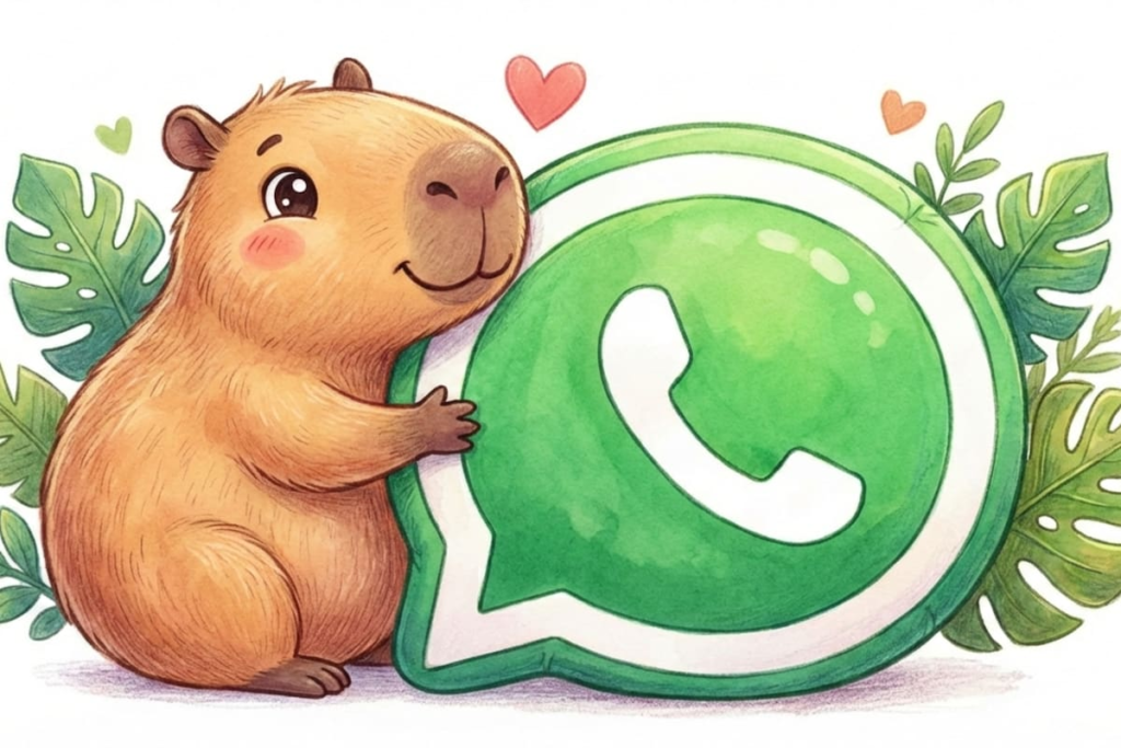 Icono de WhatsApp reemplazado por un capibara sonriente en fondo transparente, lista para personalizar tu móvil en 2026