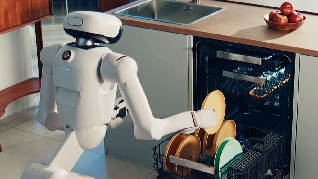 Robot CLOiD de LG con brazos articulados doblando ropa blanca con precisión industrial en cocina moderna