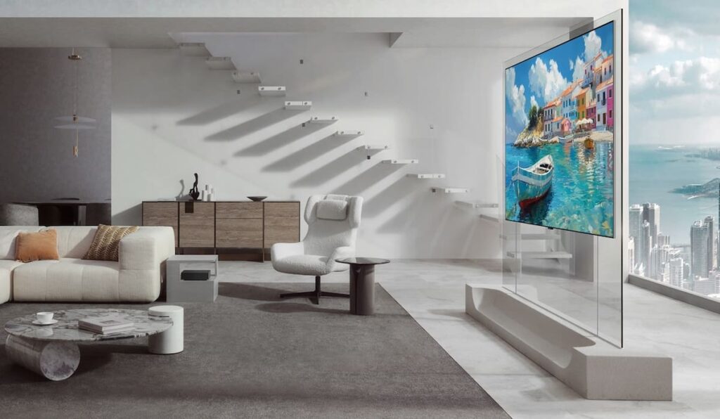 Televisor LG OLED ultra delgado de 9 mm montado en pared como lámina, sin cables visibles