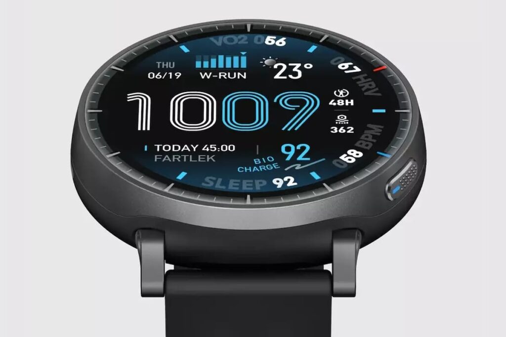 Reloj Amazfit Active Max en la CES 2026 mostrando sensor de glucosa no invasivo en pantalla AMOLED ultrabrillante