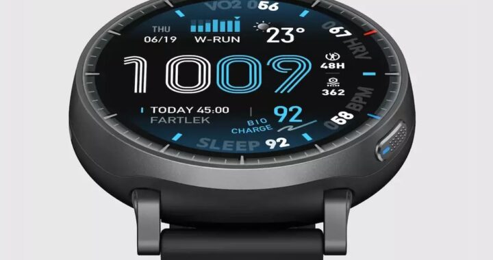 Reloj Amazfit Active Max en la CES 2026 mostrando sensor de glucosa no invasivo en pantalla AMOLED ultrabrillante