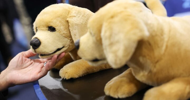 Robot mascota Jennie interactuando con anciano en el CES 2026, mostrando su diseño realista y sensores de monitoreo