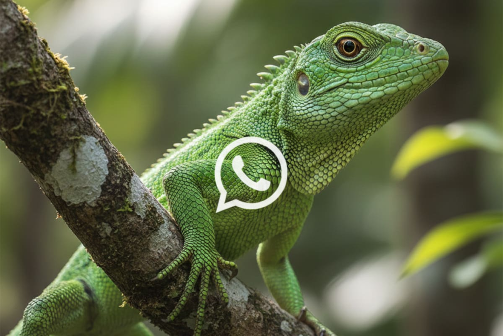 Ícono de WhatsApp transformado en lagartija verde estilo flat design sobre fondo transparente, listo para personalizar Android