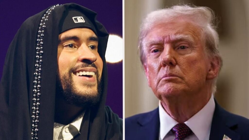 Donald Trump con gesto serio en el Despacho Oval mientras señala un documento con el logo del Super Bowl LVII de fondo