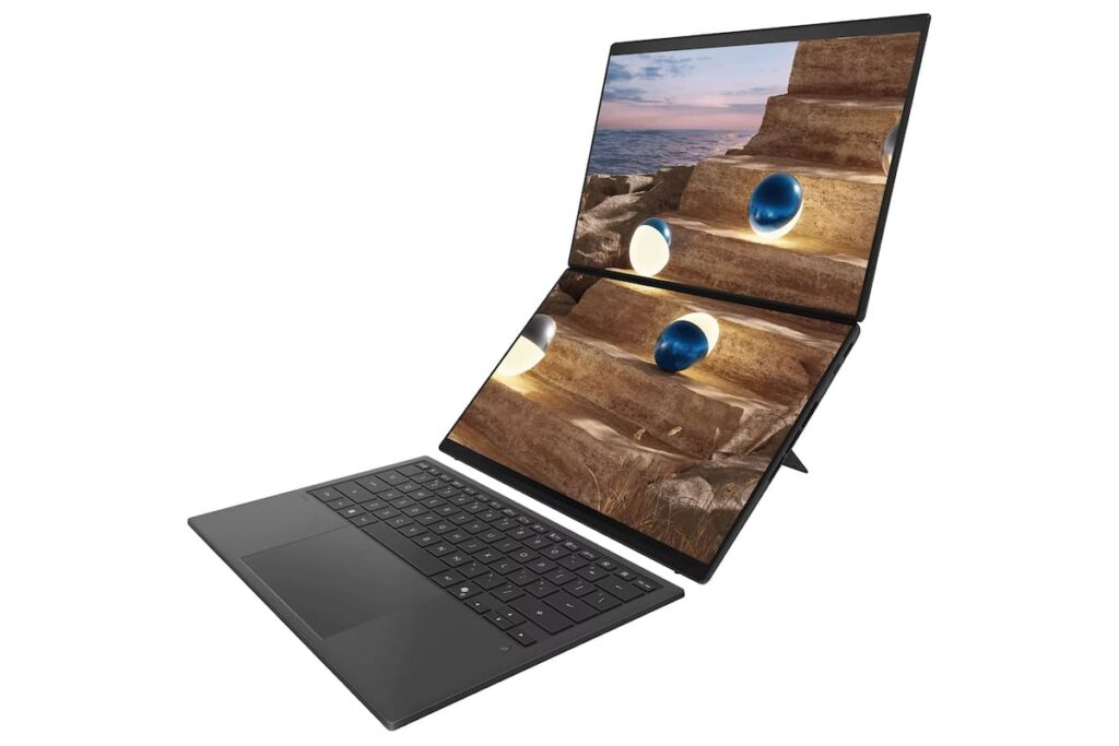 Notebook Asus Zenbook Duo 2026 con dos pantallas OLED 3K de 14 pulgadas en modo multitarea