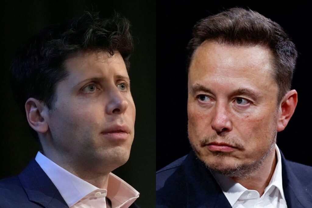 Elon Musk y Sam Altman en ilustración de tribunal con logos de OpenAI y xAI en segundo plano, simbolizando el conflicto por US$500.000M
