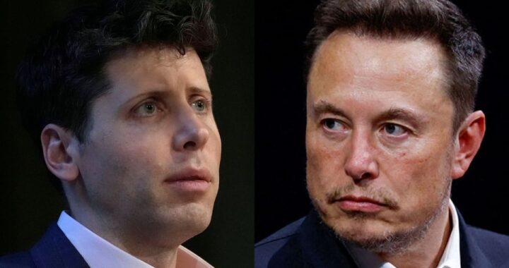 Elon Musk y Sam Altman en ilustración de tribunal con logos de OpenAI y xAI en segundo plano, simbolizando el conflicto por US$500.000M
