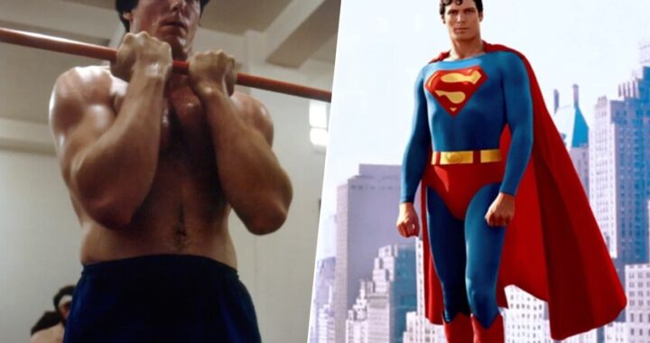 Christopher Reeve en 1978 mostrando su transformación física para el traje de 'Superman', antes y después de su entrenamiento intenso