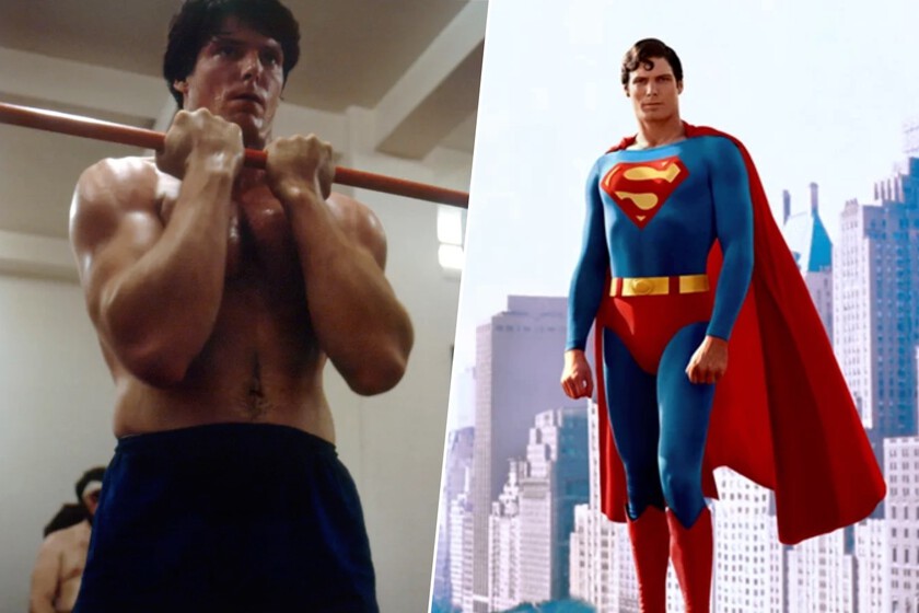 Christopher Reeve en 1978 mostrando su transformación física para el traje de 'Superman', antes y después de su entrenamiento intenso