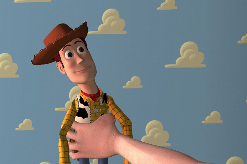 Fotograma original de Toy Story mostrando a Woody y Buzz con los píxeles visibles, renderizado en ordenadores de los 90 con tecnología pionera