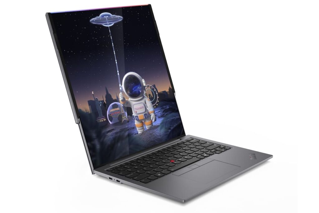 Prototipo de portátil Lenovo con pantalla enrollable que se expande verticalmente de 13.3' a 16' en segundos, mostrando tecnología de vidrio flexible resistente a caídas
