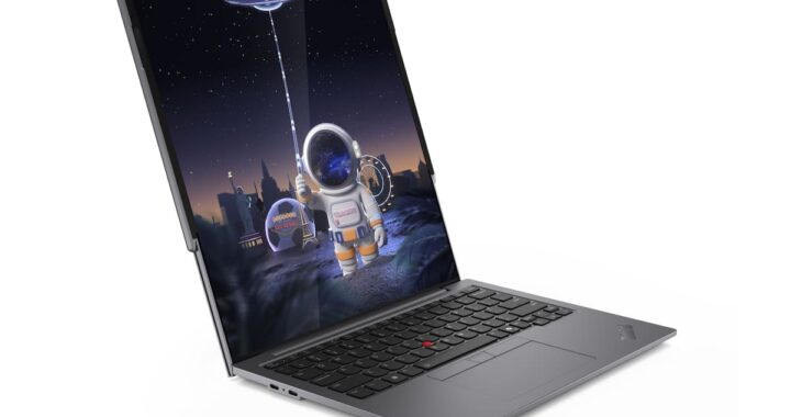 Prototipo de portátil Lenovo con pantalla enrollable que se expande verticalmente de 13.3' a 16' en segundos, mostrando tecnología de vidrio flexible resistente a caídas