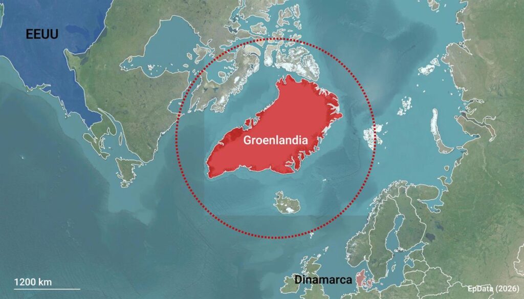 Mapa estratégico de Groenlandia con la Base Thule marcada y rutas árticas en rojo sobre hielo derritiéndose