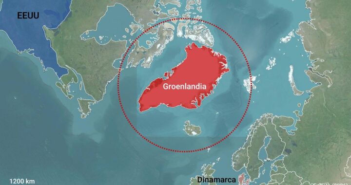 Mapa estratégico de Groenlandia con la Base Thule marcada y rutas árticas en rojo sobre hielo derritiéndose