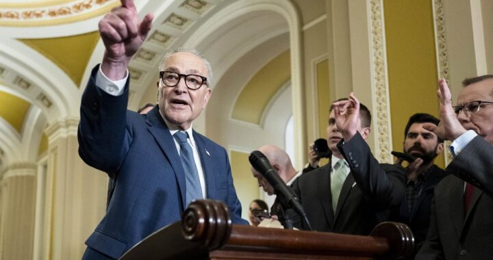 Chuck Schumer en rueda de prensa anunciando bloqueo a los aranceles de Trump a Europa por Groenlandia