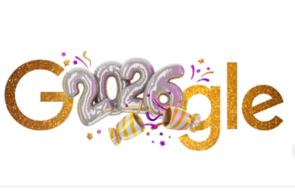 Doodle de Google 2026 con letras doradas y globos plateados formando el número 2026, efecto parallax al mover el cursor
