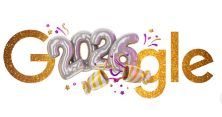 Doodle de Google 2026 con letras doradas y globos plateados formando el número 2026, efecto parallax al mover el cursor