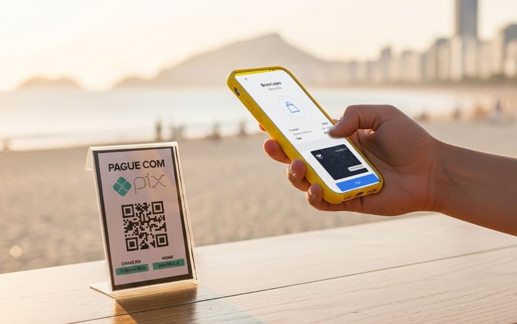 Mano sosteniendo celular con alerta de pago fraudulento en Mercado Pago y código QR sospechoso en comercio turístico