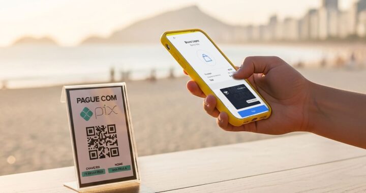 Mano sosteniendo celular con alerta de pago fraudulento en Mercado Pago y código QR sospechoso en comercio turístico
