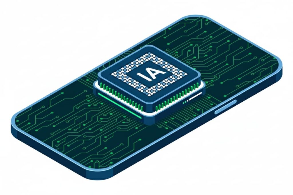 Gráfico comparativo de 800 millones de dispositivos Samsung con IA integrada frente a logos de Apple y China en fondo tecnológico