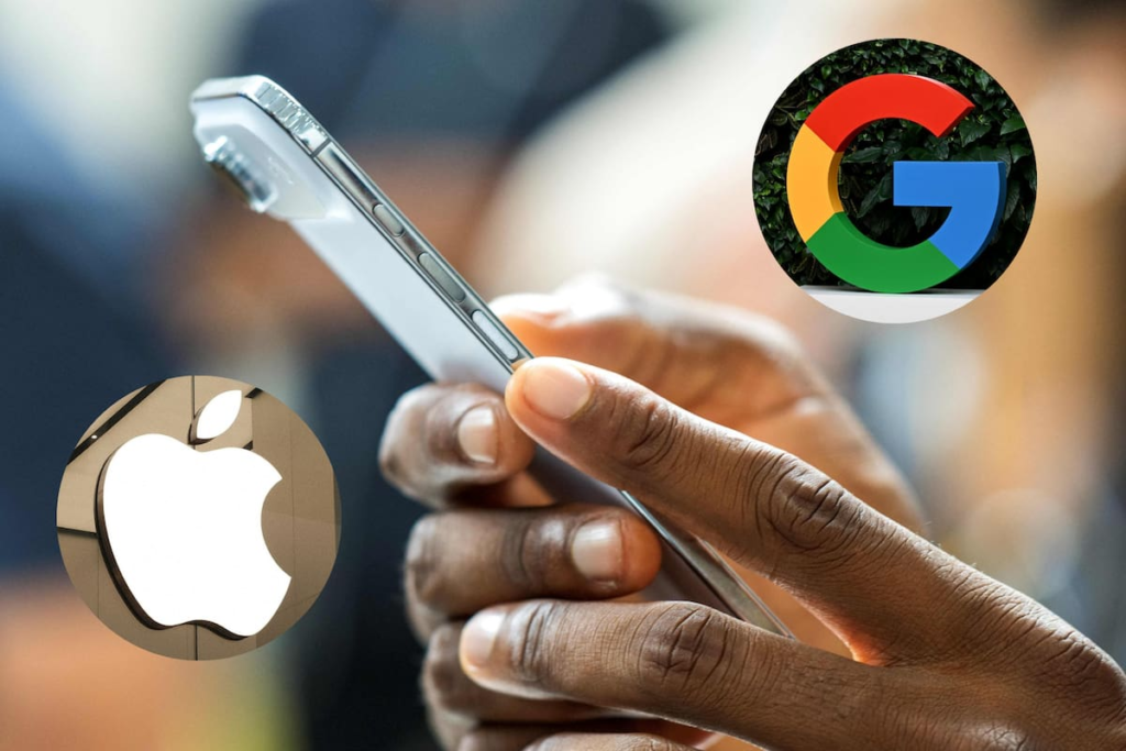 Logotipos de Apple y Google unidos sobre fondo azul con circuito de IA simbolizando la alianza para Siri