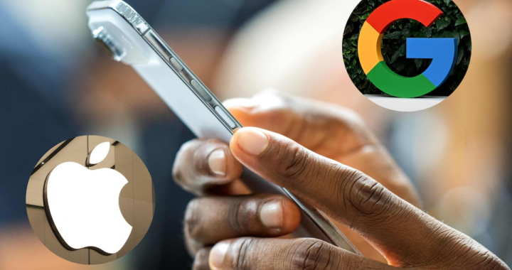 Logotipos de Apple y Google unidos sobre fondo azul con circuito de IA simbolizando la alianza para Siri