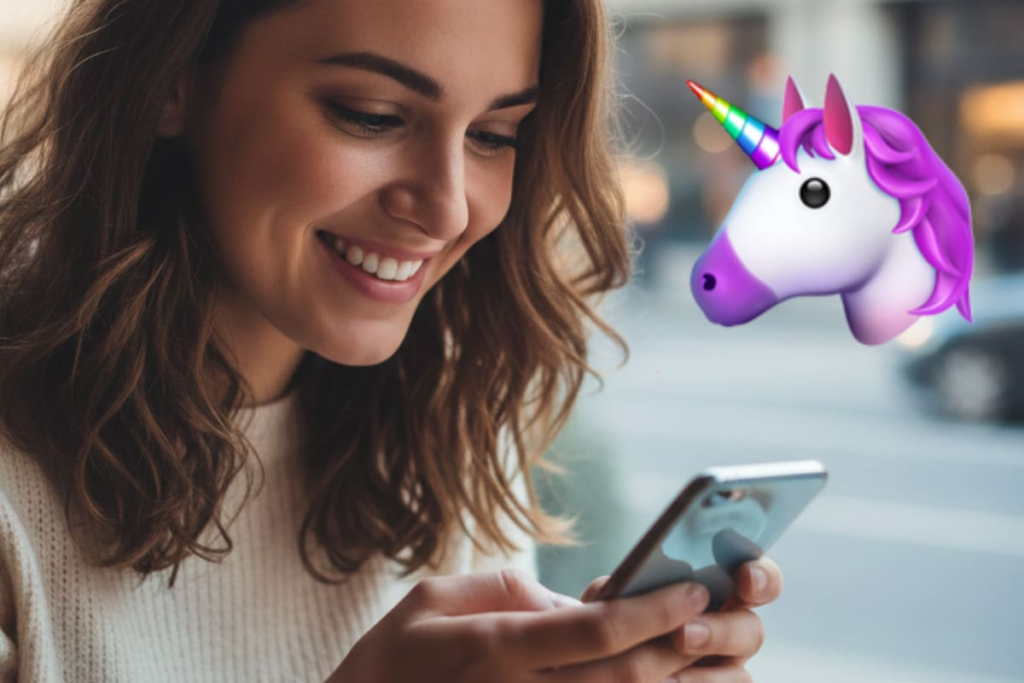 Captura de pantalla de WhatsApp mostrando el emoji 🦄 con burbujas de chat que revelan sus 5 significados ocultos