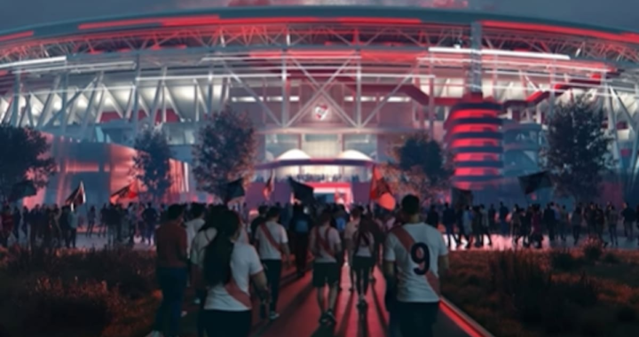Vista aérea del Estadio Monumental con su nueva bandeja de 16000 asientos en construcción, techado total y diseño en rojo y blanco
