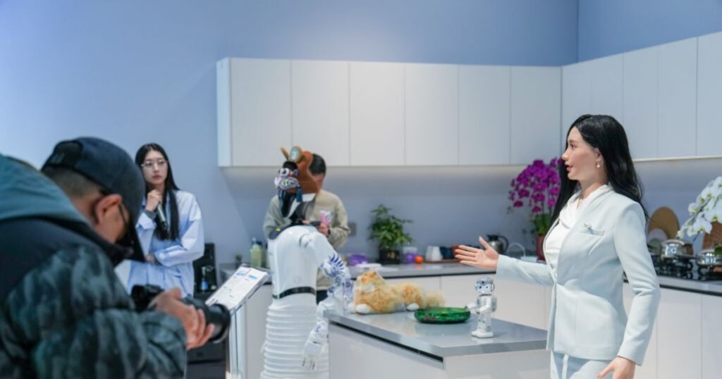 Robot humanoide Walker S2 de UBTech en línea de producción aeronáutica con logo de Airbus al fondo