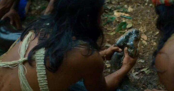 Will Smith junto a indígenas waorani sosteniendo una anaconda verde gigante de 6 metros en la Amazonía ecuatoriana