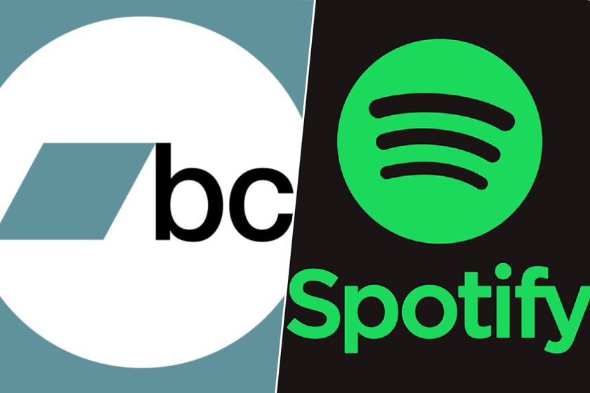 Pantalla de Spotify mostrando alerta de eliminación masiva de 75 millones de canciones generadas por IA frente a logo de Bandcamp con símbolo de prohibido