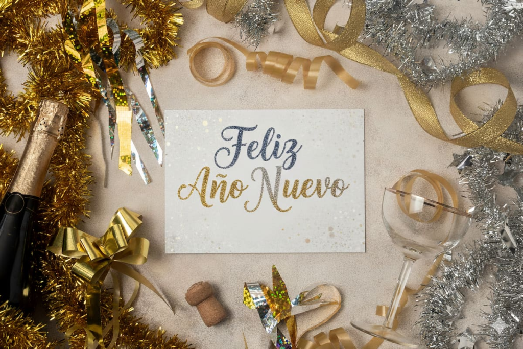 Collage de 5 tarjetas digitales de Año Nuevo 2026 con diseños virales: video-recopilación, GIF boomerang y stickers interactivos