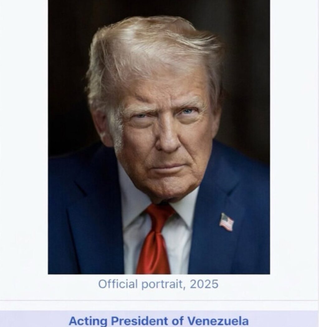Captura de pantalla editada de Wikipedia mostrando a Trump como 'presidente interino de Venezuela' con datos falsos de 2024
