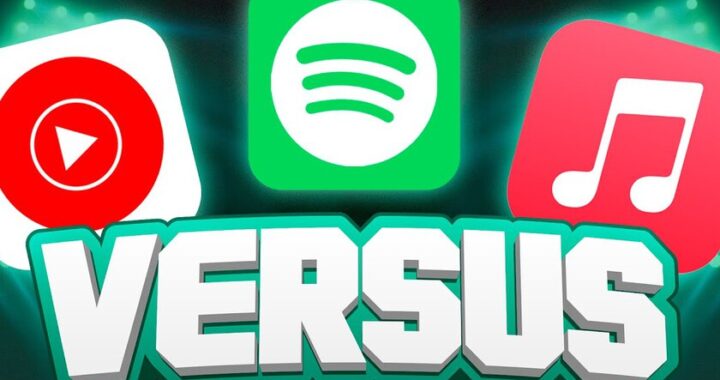 Logotipos de Spotify, Apple Music y YouTube Music en lucha sobre fondo de auriculares y notas musicales con datos de precios
