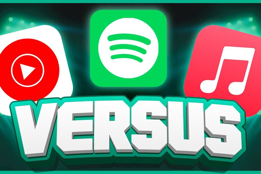 Logotipos de Spotify, Apple Music y YouTube Music en lucha sobre fondo de auriculares y notas musicales con datos de precios