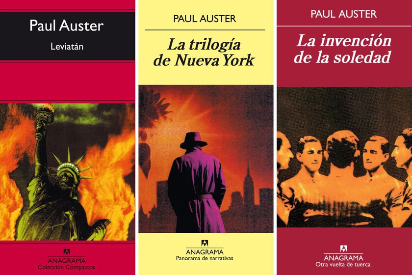 Portadas de las 10 obras esenciales de Paul Auster en una mesa de madera con luz tenue, destacando 'La trilogía de Nueva York' abierta