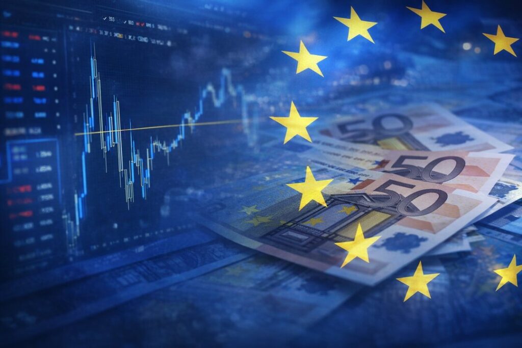 Gráfico del Euro Stoxx 50 mostrando estancamiento en 4400 puntos con PMI alemán en 45,5 y bandera de la UE al fondo