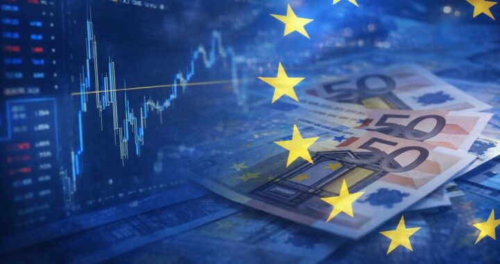 Gráfico del Euro Stoxx 50 mostrando estancamiento en 4400 puntos con PMI alemán en 45,5 y bandera de la UE al fondo