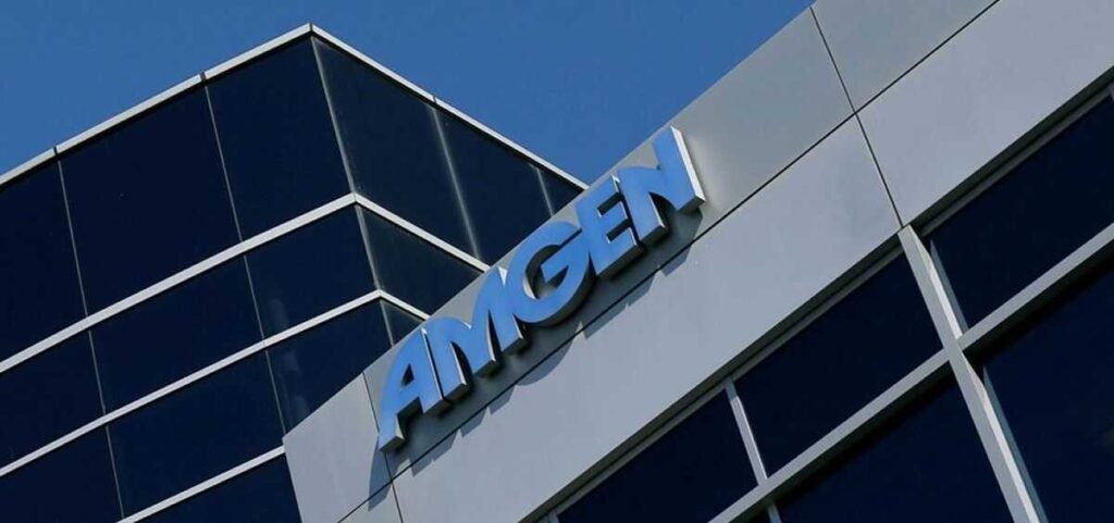 Gráfico bursátil de Amgen con alza del 8% y foco en el fármaco experimental MariTide contra obesidad