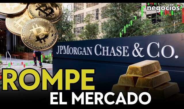 Gráfico comparativo de Bitcoin y oro con logo de JP Morgan destacando la preferencia por el 'oro digital'