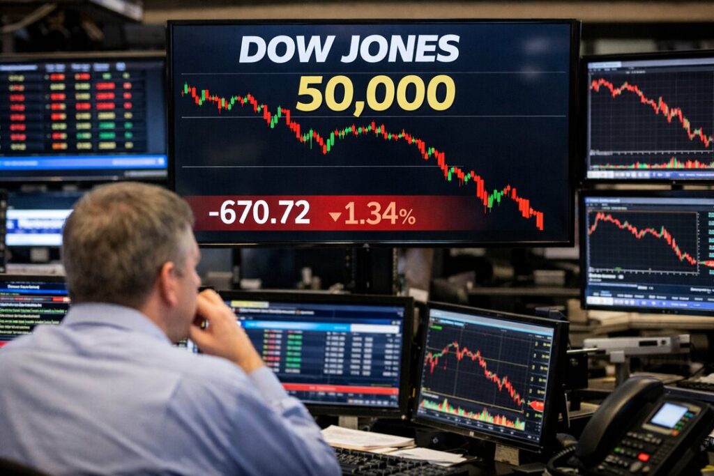 Gráfico del Dow Jones mostrando caída de 670 puntos en un día por impacto de la IA en mercados