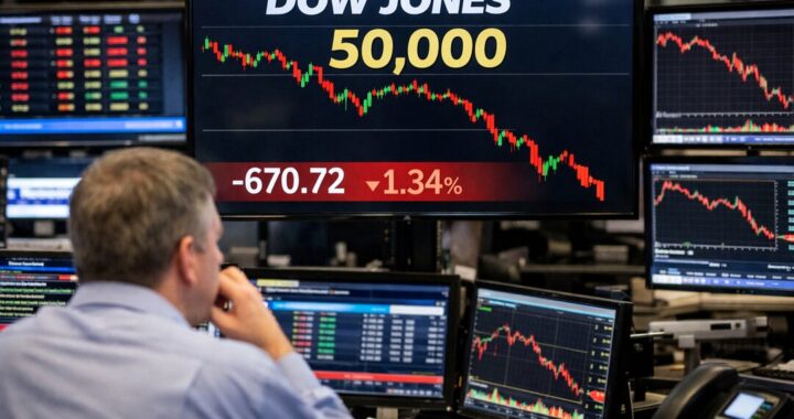 Gráfico del Dow Jones mostrando caída de 670 puntos en un día por impacto de la IA en mercados