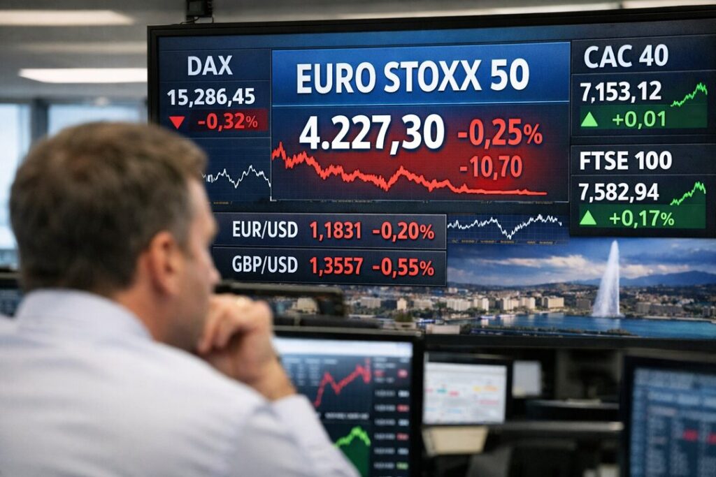 Gráfico del Euro Stoxx 50 con flechas rojas y verdes mostrando volatilidad por tensiones geopolíticas en Ginebra
