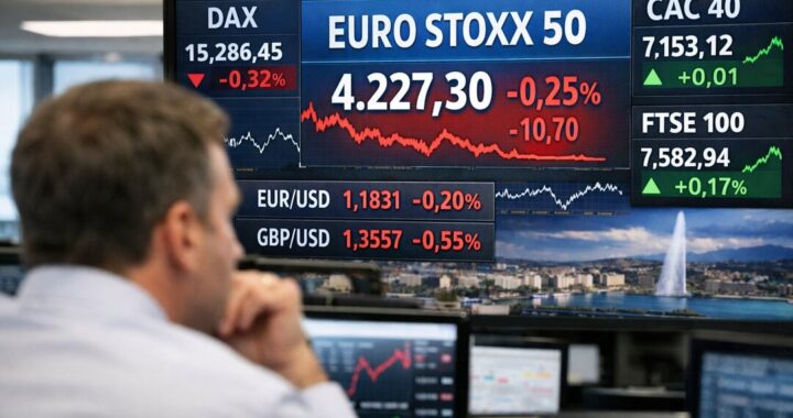 Gráfico del Euro Stoxx 50 con flechas rojas y verdes mostrando volatilidad por tensiones geopolíticas en Ginebra