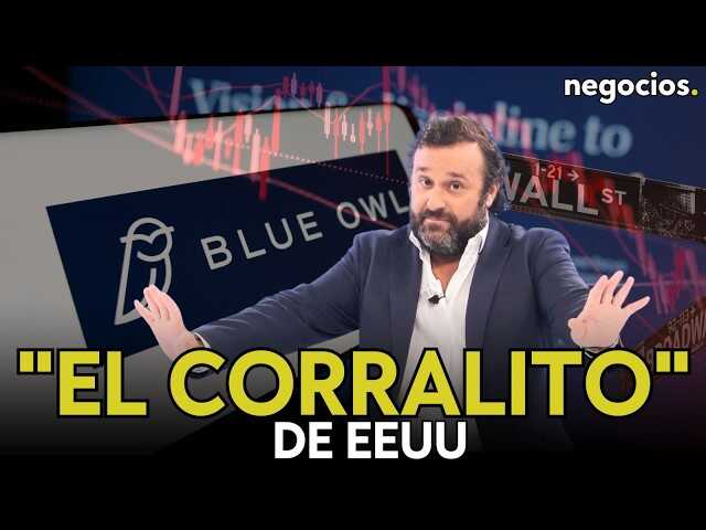 Gráfico de caídas bursátiles de Blackstone y Apollo con fondo de rascacielos de Wall Street y símbolo de candado rojo por bloqueo de retiros