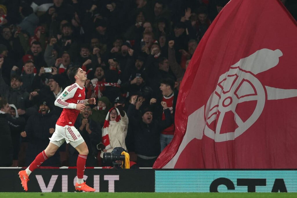 Kai Havertz celebra su gol en el minuto 96 que clasificó al Arsenal a la final de la Carabao Cup 2024