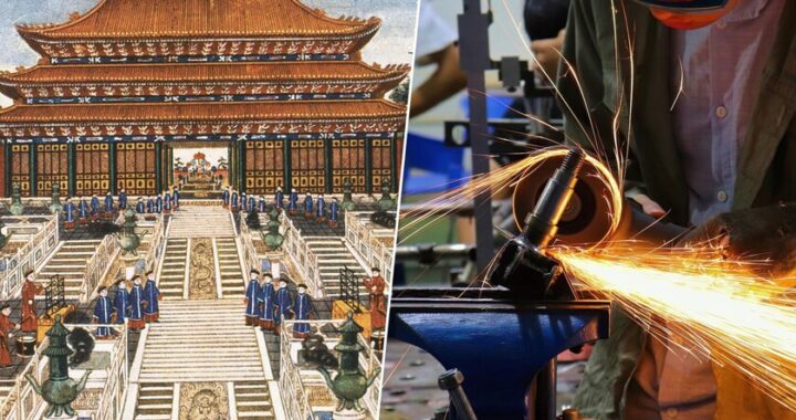 Páginas de 'Illumine Lingao' con fórmulas químicas y planos técnicos superpuestos a un mapa de la China del siglo XVII
