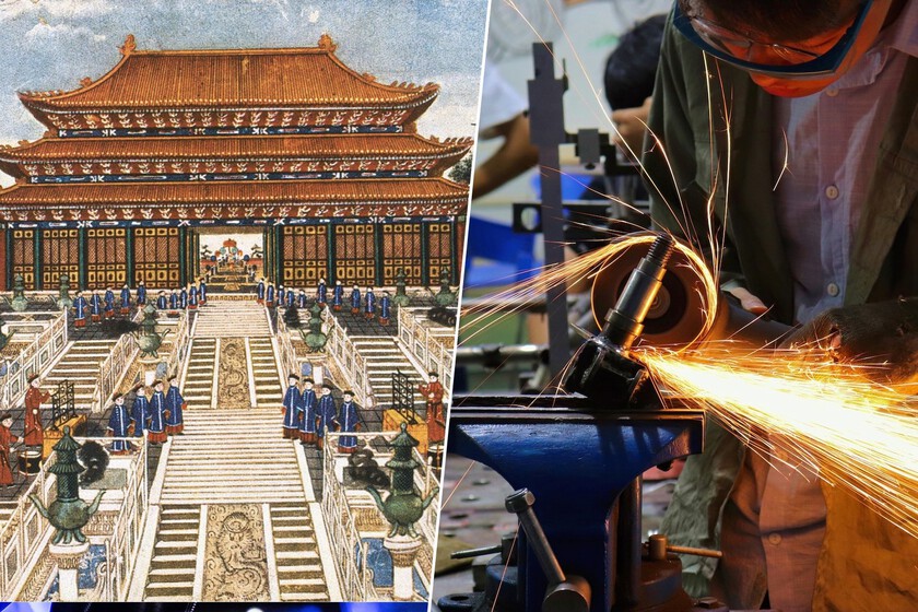 Páginas de 'Illumine Lingao' con fórmulas químicas y planos técnicos superpuestos a un mapa de la China del siglo XVII