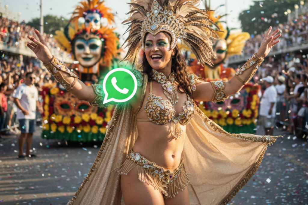 Celular mostrando el ícono de WhatsApp personalizado con diseño de Carnaval y máscara colorida
