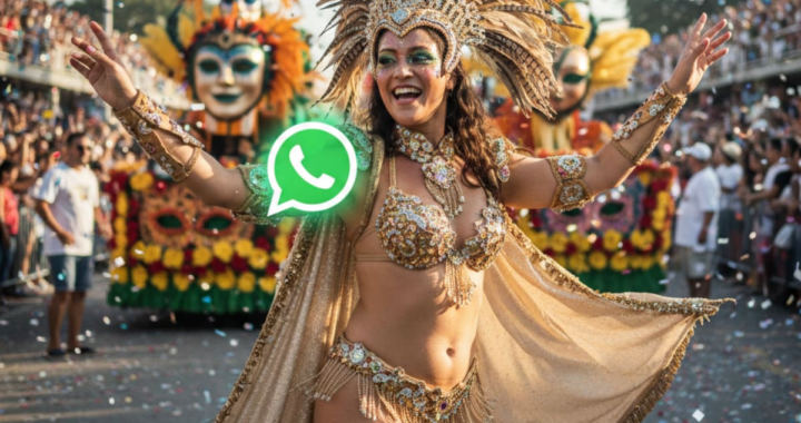 Celular mostrando el ícono de WhatsApp personalizado con diseño de Carnaval y máscara colorida